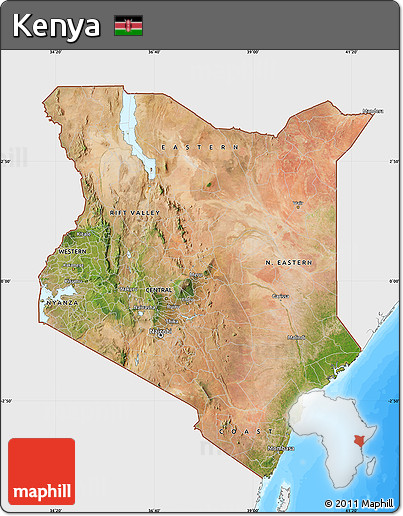 Satellite Map of Kenya, single color outside, bathymetry sea
