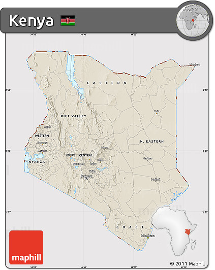 Shaded Relief Map of Kenya, cropped outside