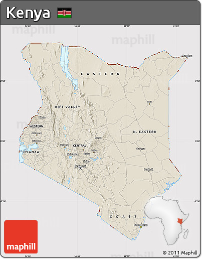 Shaded Relief Map of Kenya, cropped outside