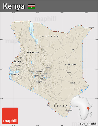 Shaded Relief Map of Kenya, cropped outside