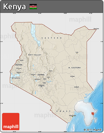 Shaded Relief Map of Kenya, single color outside