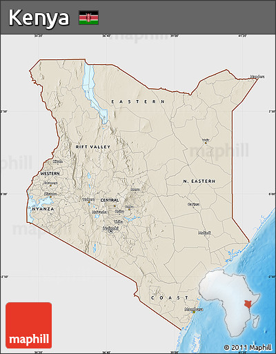 Shaded Relief Map of Kenya, single color outside