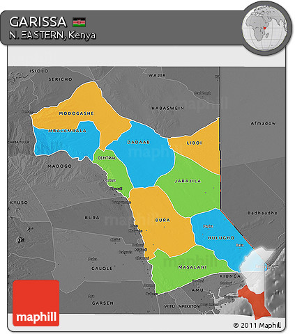 Political 3D Map of GARISSA, darken, desaturated