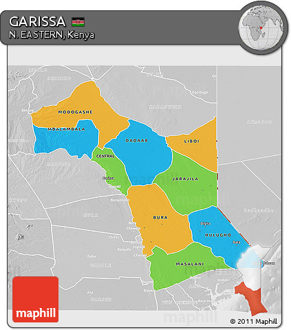 Political 3D Map of GARISSA, lighten, desaturated