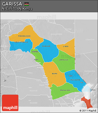 Political 3D Map of GARISSA, lighten, desaturated