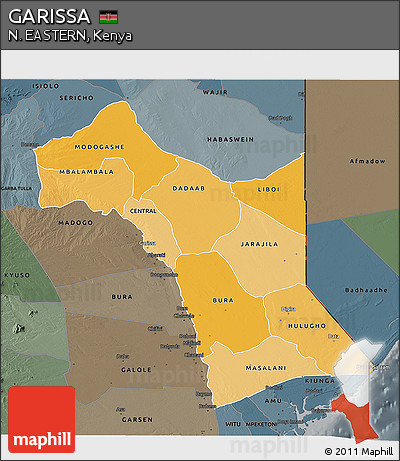 Political Shades 3D Map of GARISSA, darken, semi-desaturated