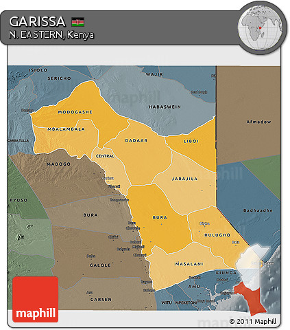 Political Shades 3D Map of GARISSA, darken, semi-desaturated