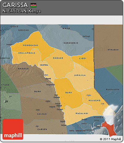 Political Shades 3D Map of GARISSA, darken, semi-desaturated