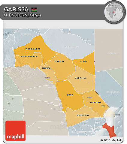 Political Shades 3D Map of GARISSA, lighten, semi-desaturated