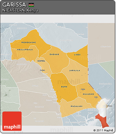Political Shades 3D Map of GARISSA, lighten, semi-desaturated