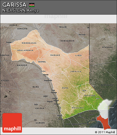 Satellite 3D Map of GARISSA, darken, semi-desaturated