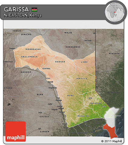 Satellite 3D Map of GARISSA, darken, semi-desaturated