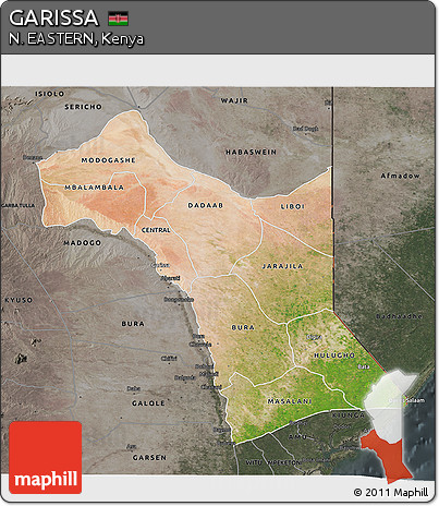Satellite 3D Map of GARISSA, darken, semi-desaturated