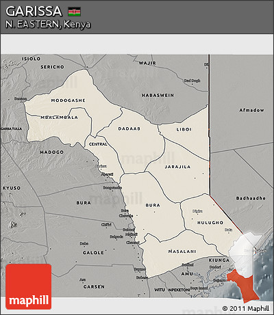Shaded Relief 3D Map of GARISSA, darken, semi-desaturated
