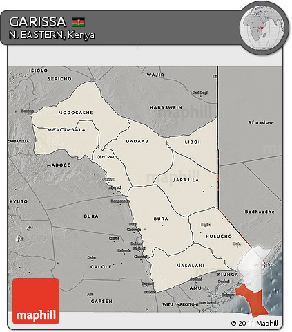 Shaded Relief 3D Map of GARISSA, darken, semi-desaturated