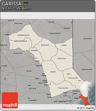 Shaded Relief 3D Map of GARISSA, darken, semi-desaturated