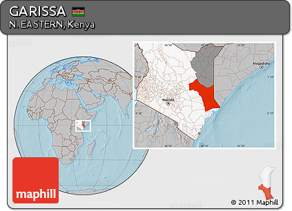 Gray Location Map of GARISSA, highlighted country, highlighted parent region, hill shading