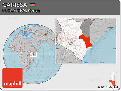 Gray Location Map of GARISSA, highlighted country, highlighted parent region, hill shading