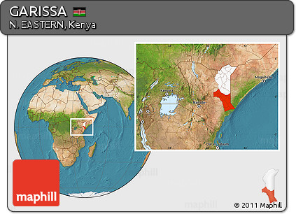 Satellite Location Map of GARISSA, highlighted parent region, within the entire country