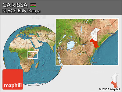 Satellite Location Map of GARISSA, highlighted parent region, within the entire country
