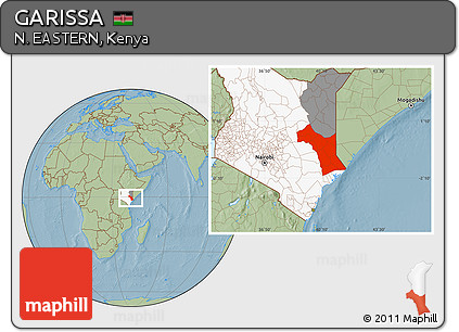 Savanna Style Location Map of GARISSA, highlighted country, highlighted parent region, hill shading