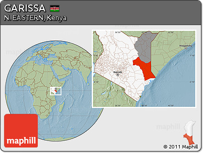 Savanna Style Location Map of GARISSA, highlighted country, highlighted parent region, hill shading