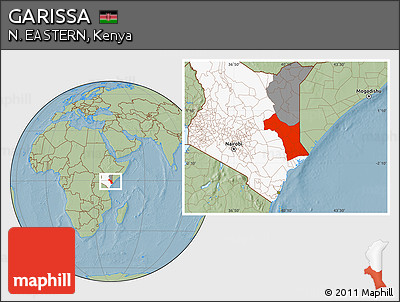 Savanna Style Location Map of GARISSA, highlighted country, highlighted parent region, hill shading