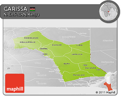 Physical Panoramic Map of GARISSA, lighten, desaturated