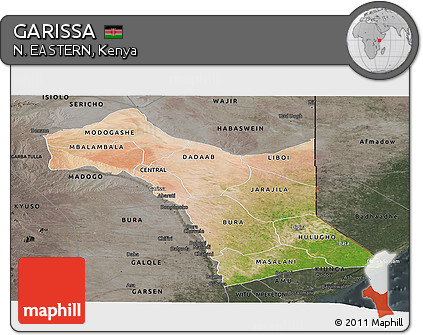 Satellite Panoramic Map of GARISSA, darken, semi-desaturated