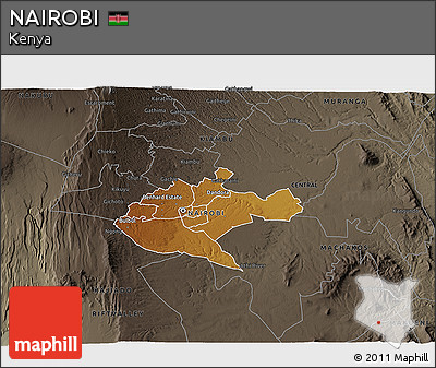 Physical 3D Map of NAIROBI, darken, semi-desaturated