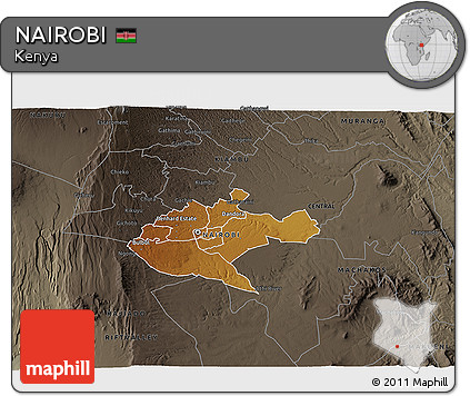 Physical 3D Map of NAIROBI, darken, semi-desaturated