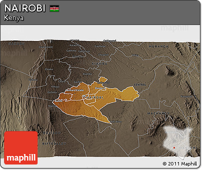 Physical 3D Map of NAIROBI, darken, semi-desaturated