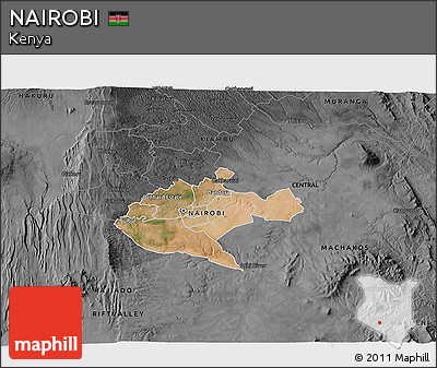 Satellite 3D Map of NAIROBI, darken, desaturated