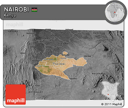 Satellite 3D Map of NAIROBI, darken, desaturated