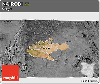 Satellite 3D Map of NAIROBI, darken, desaturated