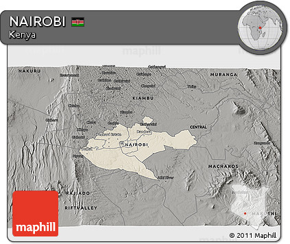 Shaded Relief 3D Map of NAIROBI, darken, semi-desaturated