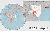 Gray Location Map of NAIROBI, highlighted country, within the entire country, hill shading