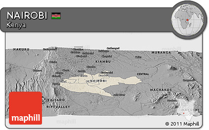 Shaded Relief Panoramic Map of NAIROBI, darken, desaturated