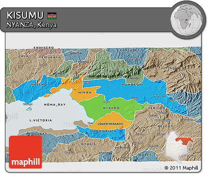 Political 3D Map of KISUMU, semi-desaturated