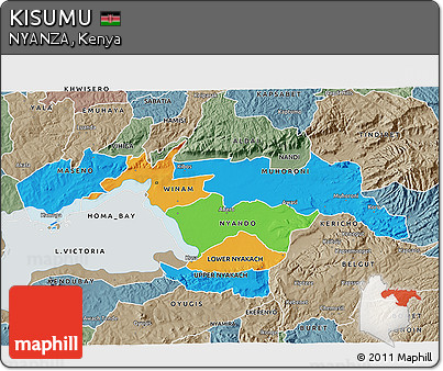 Political 3D Map of KISUMU, semi-desaturated