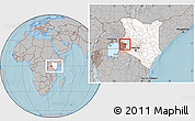 Gray Location Map of KISUMU, highlighted country, highlighted parent region, within the entire country, hill shading