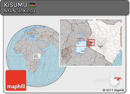 Gray Location Map of KISUMU, highlighted country, highlighted parent region, hill shading