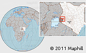Gray Location Map of KISUMU, highlighted country, highlighted parent region, hill shading