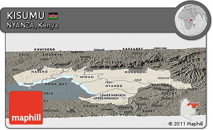 Shaded Relief Panoramic Map of KISUMU, darken