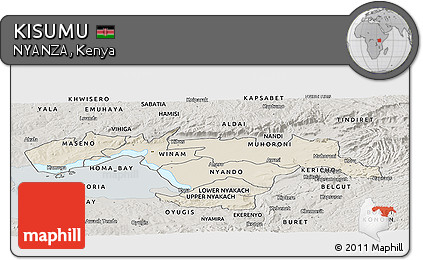 Shaded Relief Panoramic Map of KISUMU, semi-desaturated