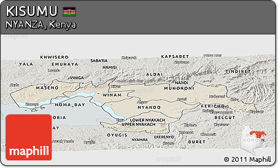 Shaded Relief Panoramic Map of KISUMU, semi-desaturated
