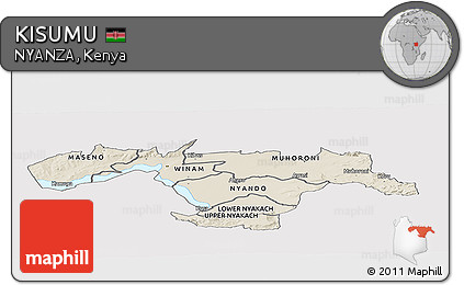 Shaded Relief Panoramic Map of KISUMU, single color outside