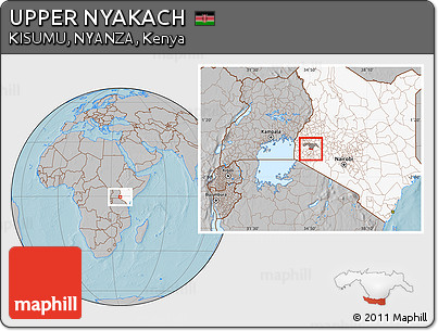 Gray Location Map of UPPER NYAKACH, highlighted country, highlighted parent region, hill shading