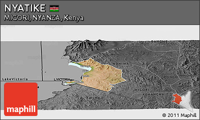 Satellite Panoramic Map of NYATIKE, darken, desaturated