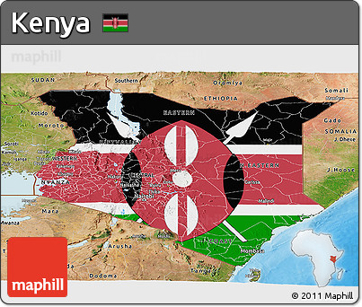 Flag Panoramic Map of Kenya, satellite outside, bathymetry sea, flag centered